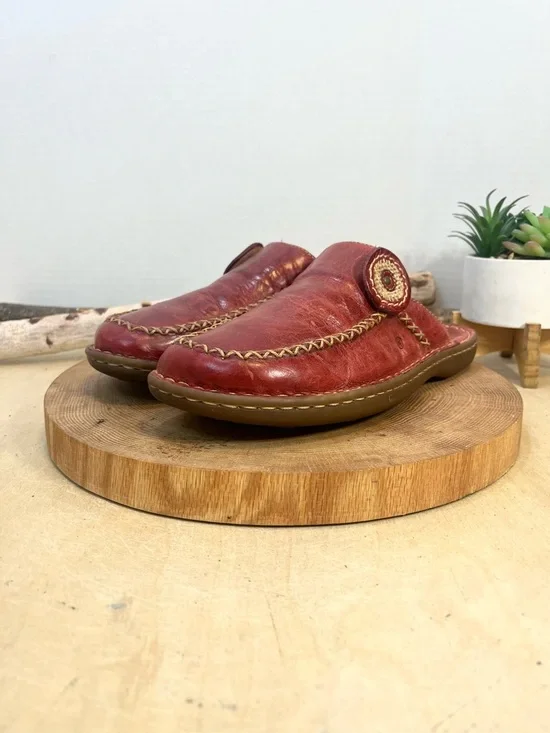 Børn Red Leather Whipstitch Mules Slip On Clogs Women’s Size 9 - Picture 11 of 14